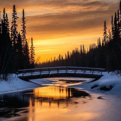 Snowy Wooden Bridge over River at Sunset