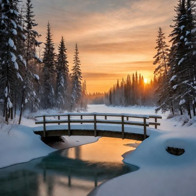 Snowy Wooden Bridge Over Frozen Stream