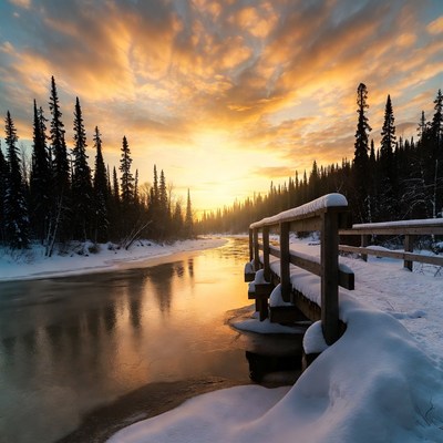 Snowy Wooden Bridge Over Frozen River at Sunset
