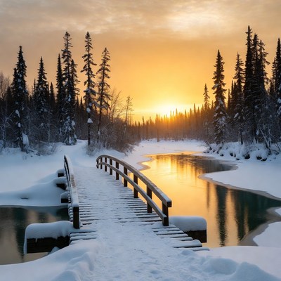 Snowy Wooden Bridge Over Frozen River at Sunset