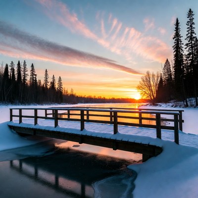 Snowy Wooden Bridge over Frozen River at Sunset