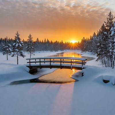 Snowy Wooden Bridge at Sunrise