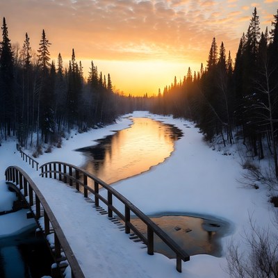 Winter Sunset Over Snowy River Bridge