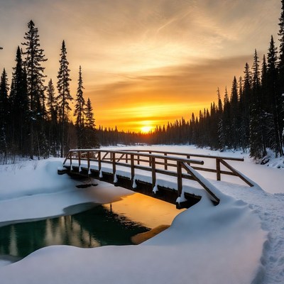 Snowy Wooden Bridge at Sunset