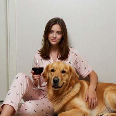 Woman with Golden Retriever holding wine glass