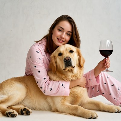 Woman hugging golden retriever with wine