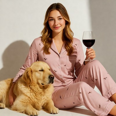 Woman in pink pajamas with golden retriever