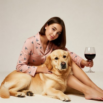 Woman with Golden Retriever holding wine glass