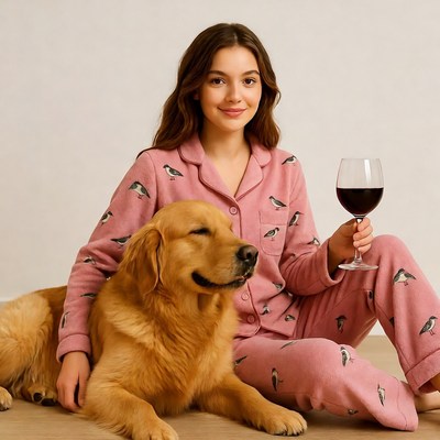 Woman in bird pajamas with golden retriever
