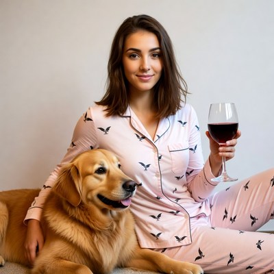 Woman with Golden Retriever holding wine