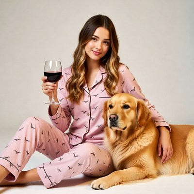 Woman with golden retriever holding wine glass