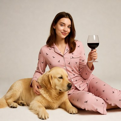 Woman in pajamas holding wine with golden retriever