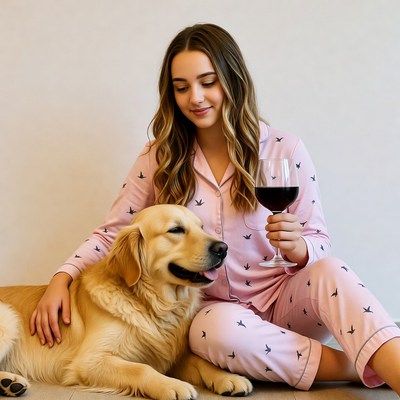 Woman in pajamas with golden retriever