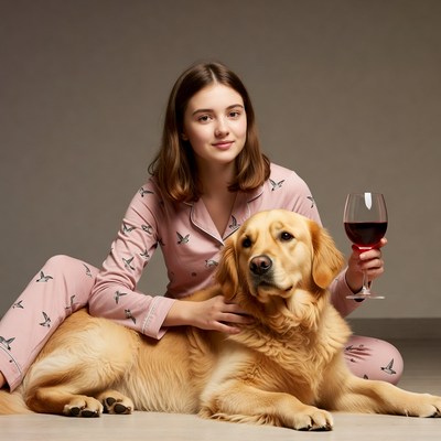 Woman in pajamas holding wine with golden retriever