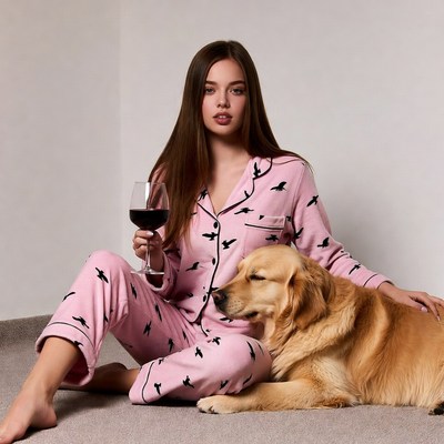 Woman in pink pajamas with golden retriever