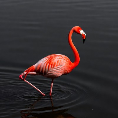 Pink flamingo standing in dark water