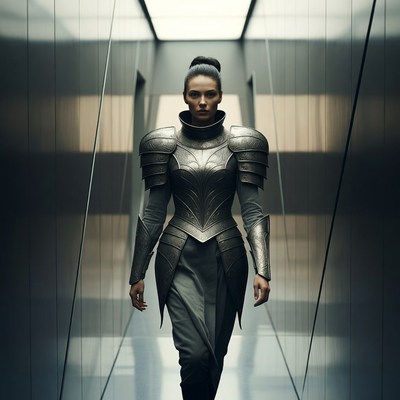 Woman in futuristic armor walking corridor