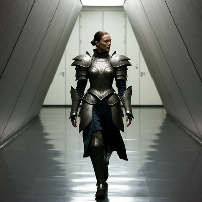 Woman in futuristic armor walking corridor