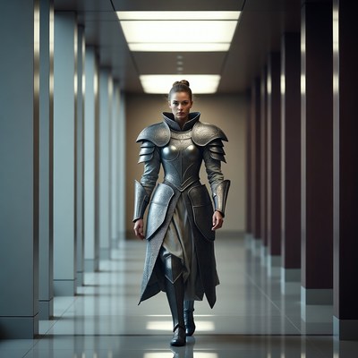 Woman in silver armor walking hallway