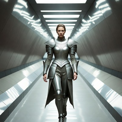 Woman in silver armor walking corridor