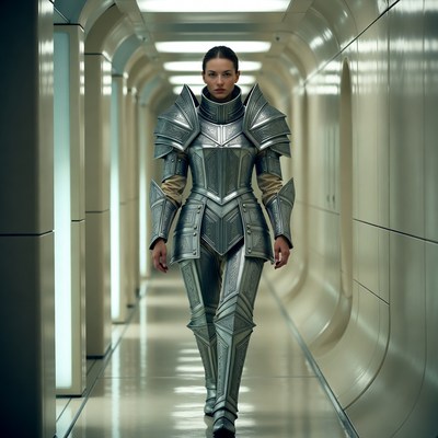 Woman in silver armor walking corridor