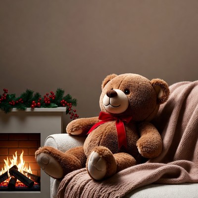 Teddy bear by fireplace with red bow