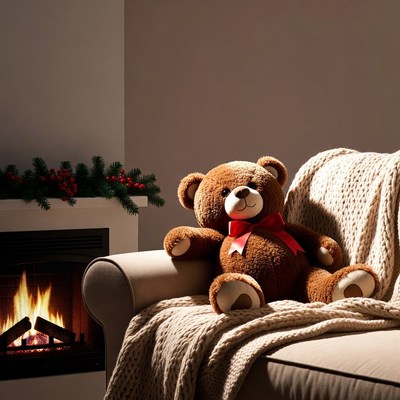 Teddy bear on armchair by fireplace