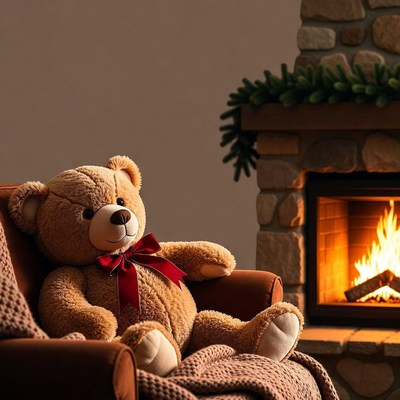 Teddy bear relaxing by fireplace