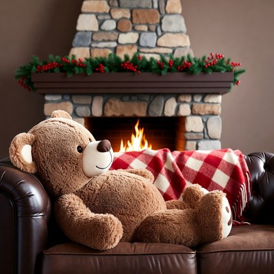Giant teddy bear relaxing by fireplace