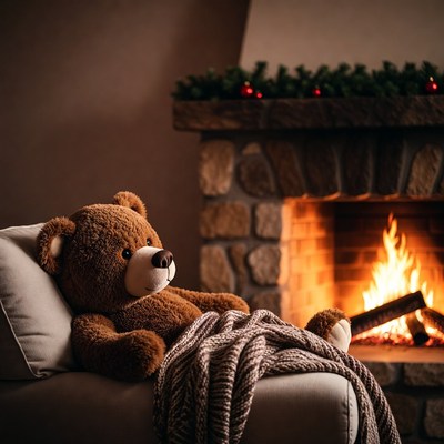 Teddy bear relaxing by fireplace