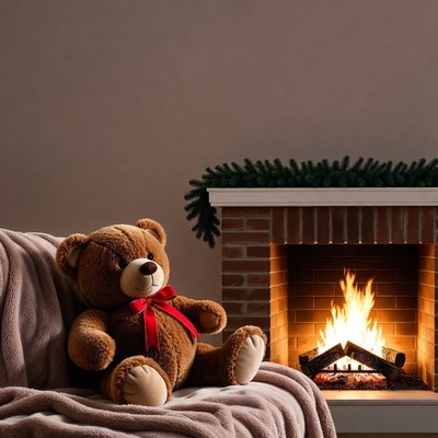 Teddy Bear on Couch by Fireplace