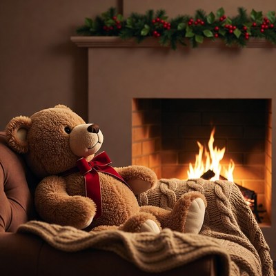 Teddy bear relaxing by fireplace
