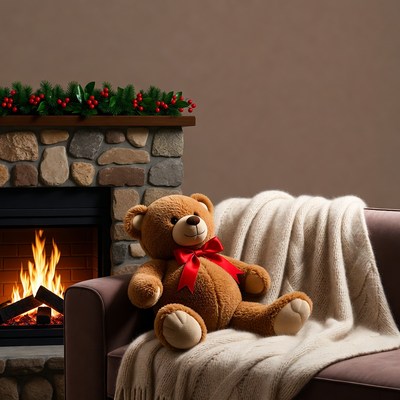 Teddy Bear on Chair by Fireplace