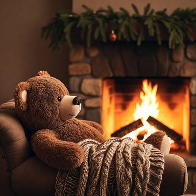 Teddy bear relaxing by fireplace