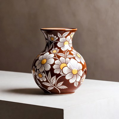 Brown Ceramic Vase with Daisies