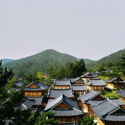Traditional Korean Hanok Village Mountains