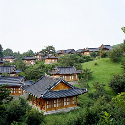 Traditional Korean Hanok Village on Hillside