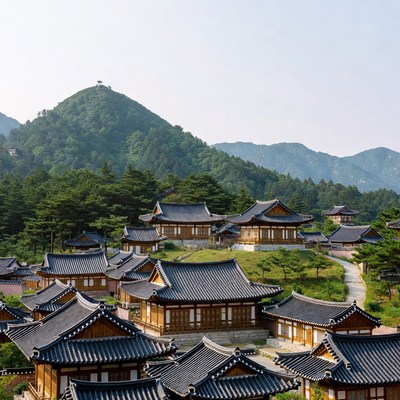 Traditional Korean Hanok Village Mountains