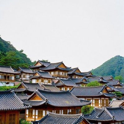 Traditional Korean Hanok Village on Mountain