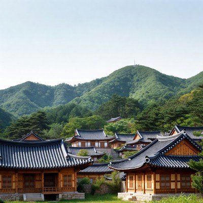 Traditional Korean Hanok Village Mountains