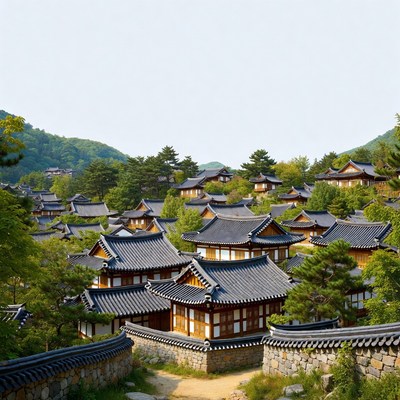 Traditional Korean Hanok Village Mountainside