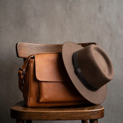 Brown leather bag and fedora hat