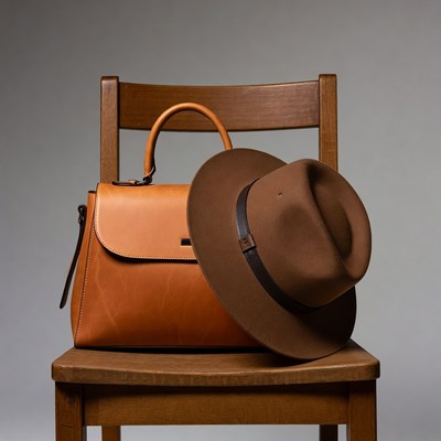 Brown leather handbag and hat on chair