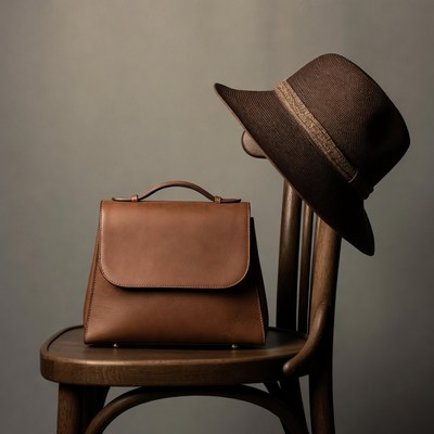 Brown leather handbag and hat on chair