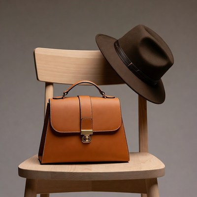 Brown leather handbag and fedora hat