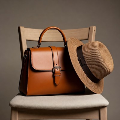 Brown Leather Handbag with Straw Hat