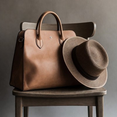 Brown Leather Handbag and Straw Hat