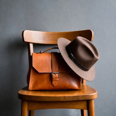 Brown leather bag and fedora on chair