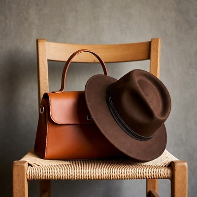 Brown Handbag and Hat on Chair