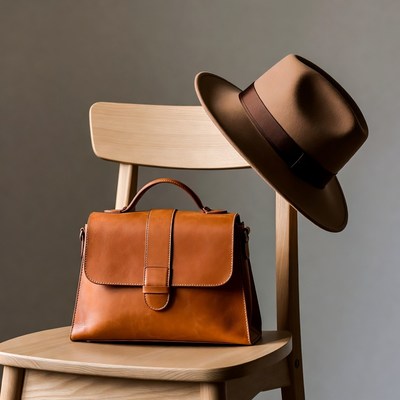 Brown leather handbag and hat on chair